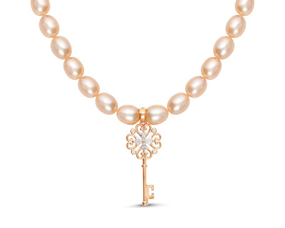 Ожерелье из розового жемчуга с подвеской из серебра "Ключик". Жемчуг 7,5-8 мм