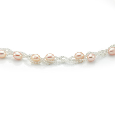 Ожерелье из розового рисообразного жемчуга с бисером. Жемчужины 7,5-8 мм