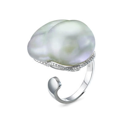Кольцо из серебра с серебристой барочной жемчужиной 20-28 мм