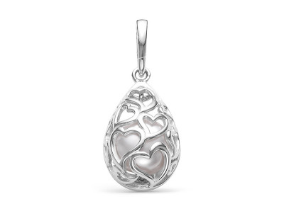 Кулон "Сердечки" из серебра с белой речной жемчужиной 8-8,5 мм