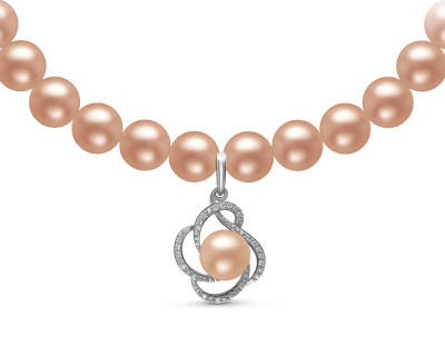 Ожерелье из розового круглого жемчуга с подвеской из серебра. Жемчужины 6-6,5 мм