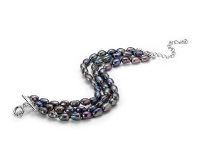 Браслет в 3 ряда из черного барочного речного жемчуга класса ААА. Жемчужины 6,5-7 мм