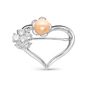 Брошь "Сердце" из серебра с розовой речной жемчужиной 8,5-9 мм