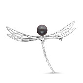 Брошь "Стрекоза" из серебра с черной речной жемчужиной 7,5-8 мм
