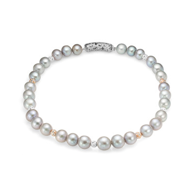 Ожерелье из 30 жемчужин из серебристого речного жемчуга 10,5-12 мм со вставками из серебра