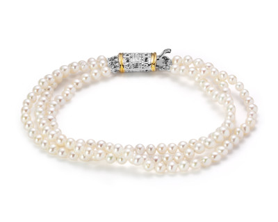 Браслет в 3 ряда из белого круглого речного жемчуга класса ААА. Жемчужины 3-3,5 мм