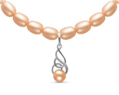 Ожерелье из розового речного жемчуга с подвеской из серебра. Жемчужины 7,5-8 мм
