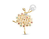 Брошь "Балерина" из сплава с белой речной жемчужиной 9,5-10 мм