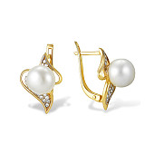 Серьги из желтого золота с белыми речными жемчужинами 7,5-8 мм