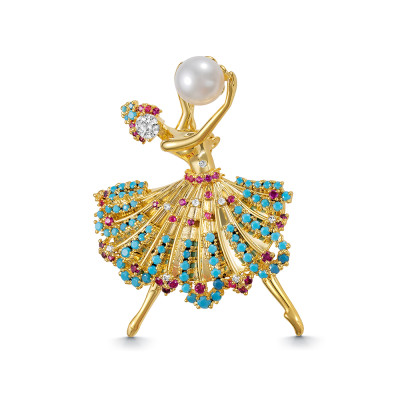 Брошь-кулон "Балерина" из сплава с белой речной жемчужиной 8,5-9 мм