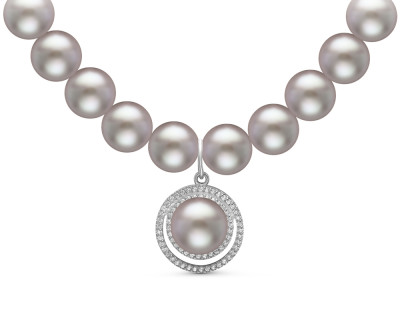 Ожерелье из серого круглого жемчуга с кулоном из серебра. Жемчужины 8,5-9,5 мм