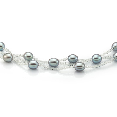 Ожерелье из серого рисообразного речного жемчуга и бисера. Жемчужины 9-10 мм