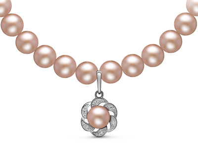 Ожерелье из розового круглого жемчуга с подвеской из серебра. Жемчужины 6-6,5 мм