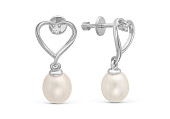 Серьги "Сердечки" из серебра c белыми речными жемчужинами 7,5-8 мм