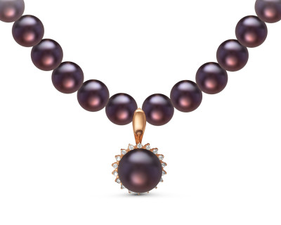 Ожерелье из черного речного жемчуга с кулоном из серебра. Жемчужины 7,5-8 мм
