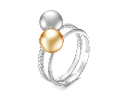 Кольцо "Дуэт" из белого золота c золотой и серебристой жемчужинами Акойя 7,5-8 мм